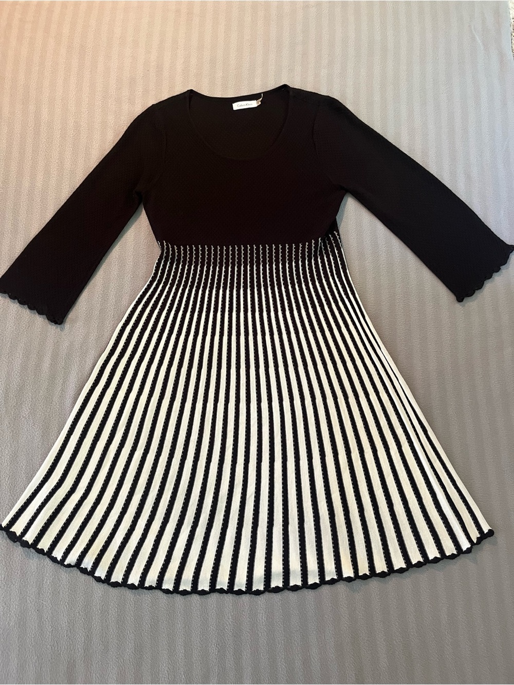 Calvin Klein Black & White Striped Fit-and-Flare Long Sleeve Dress